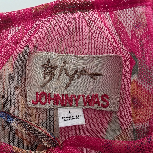 Johnny Was Biya Feather Lark Mesh Blouse Pink Floral Paisley Size L - Picture 8 of 13